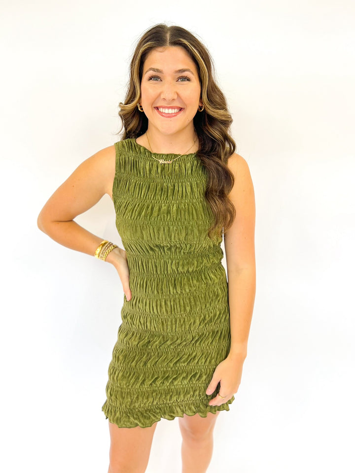 Avocado Velvet Mesh Smocked Mini Dress