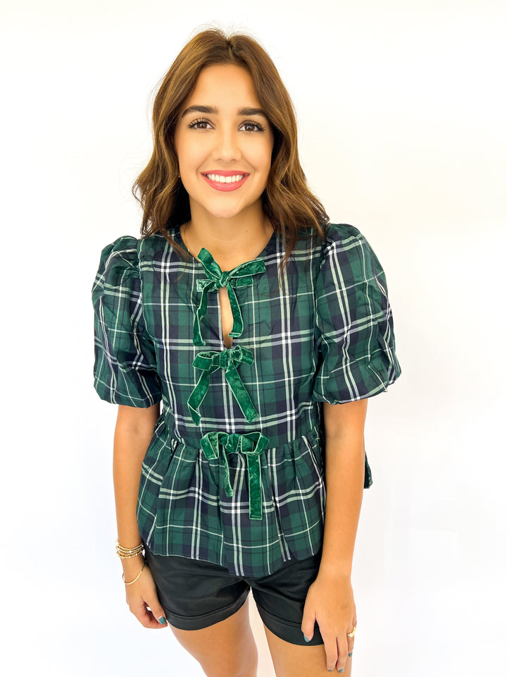 Jordyn Plaid Velvet Tie Top