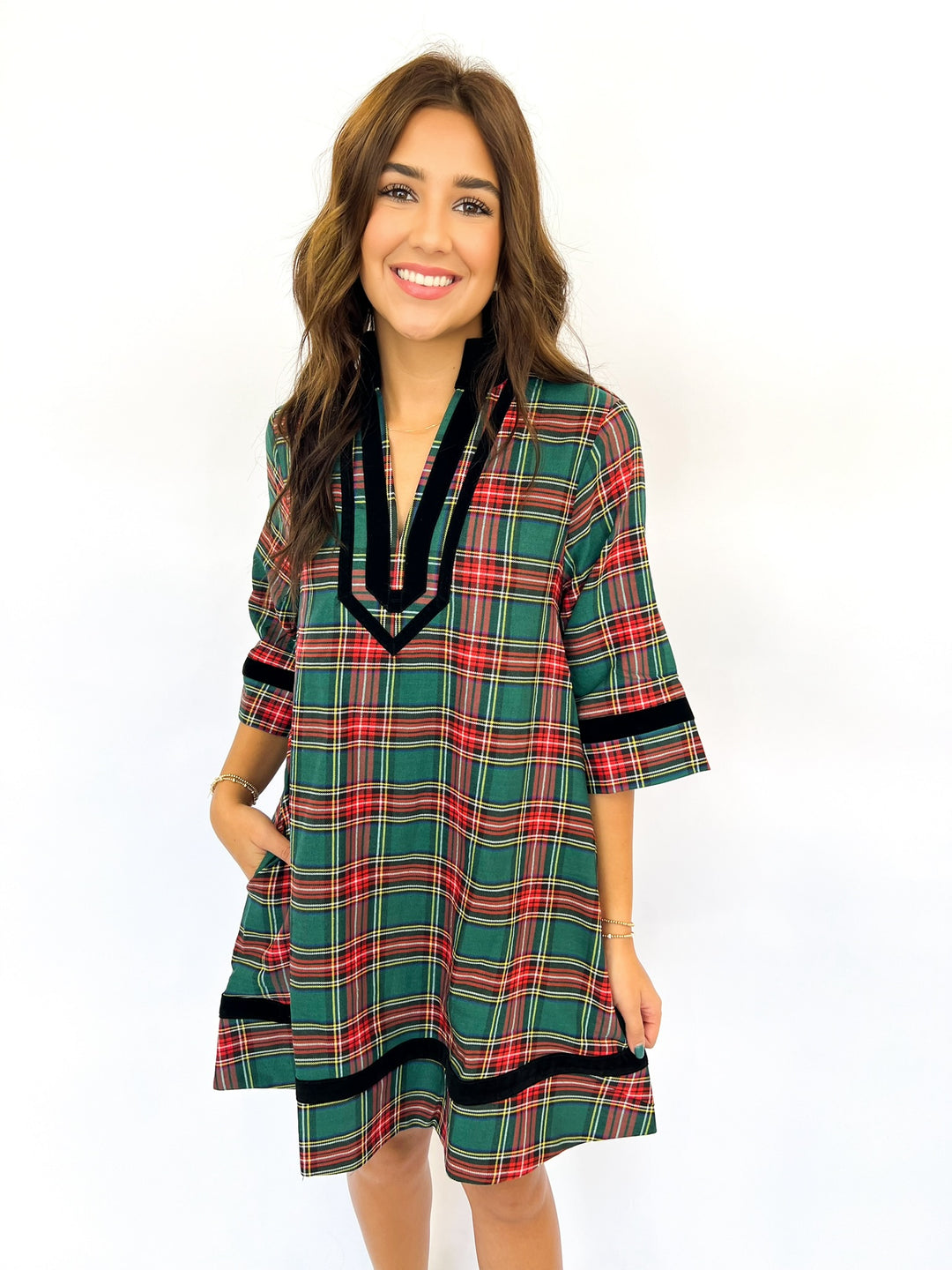 Velvet Trimmed Green Plaid Mini Dress