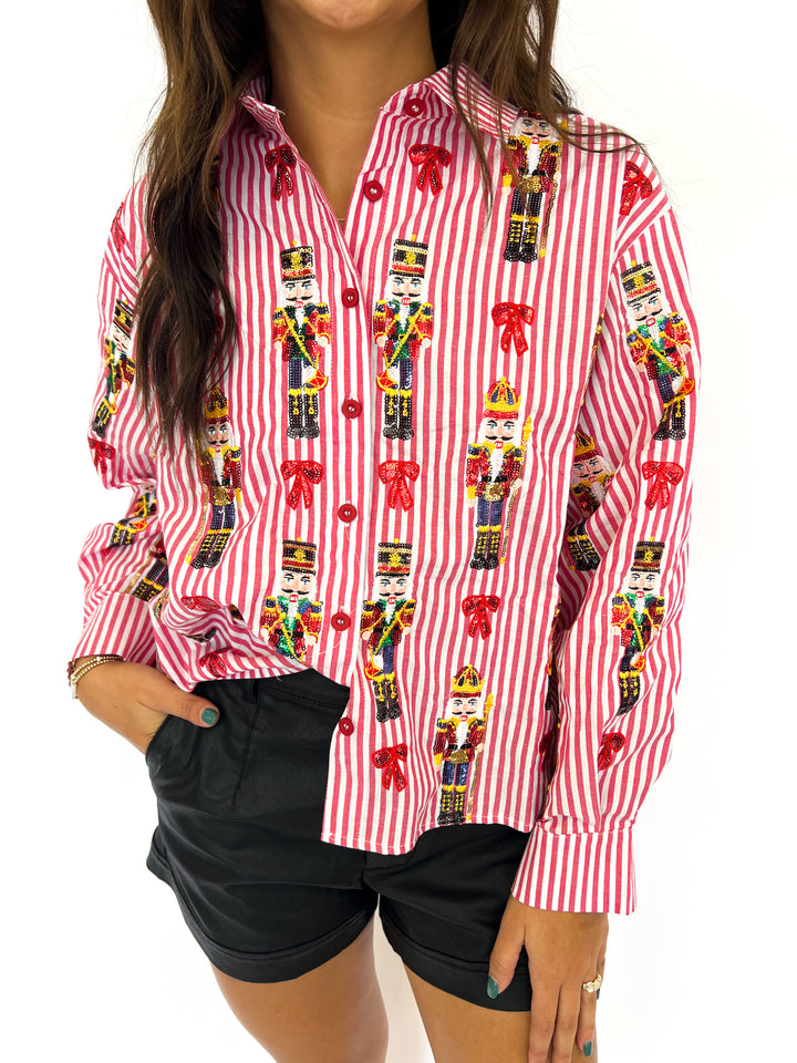 Red Stripped Nutcracker & Bow Button Up