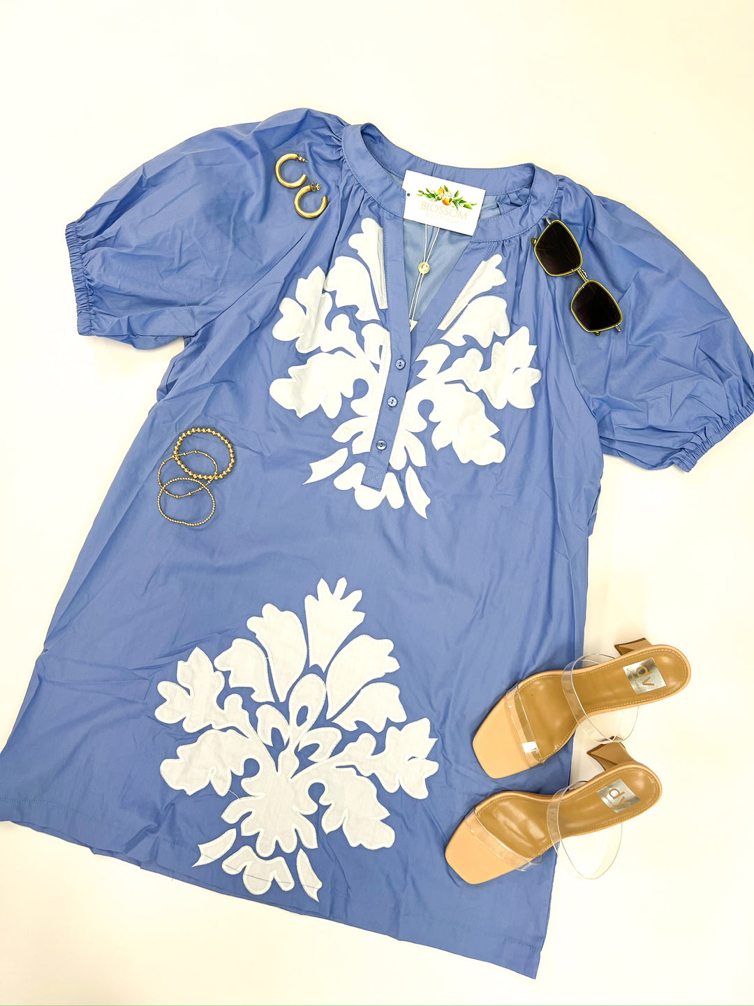Blue Button Print Dress