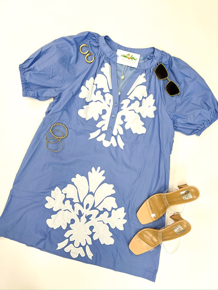 Blue Button Print Dress
