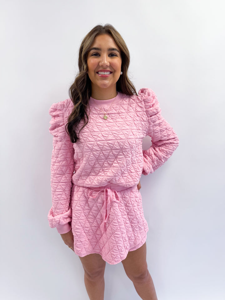 Pink Quilted Puff Sleeve Top and Skort Set