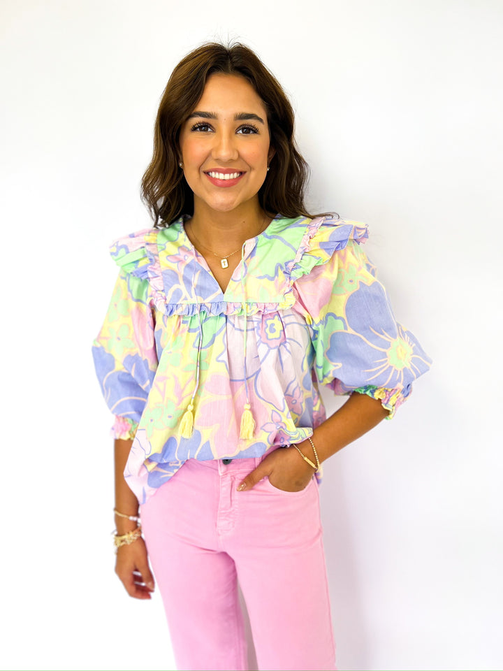 Pastel Floral Poplin Ruffle Top