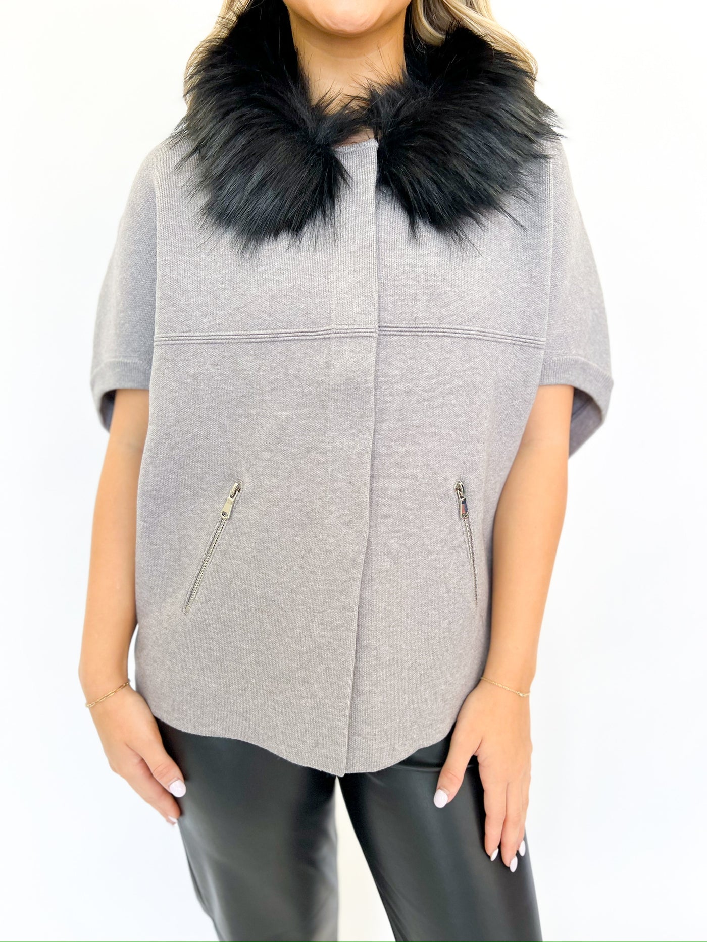 Grey/Black Faux Fur Trim Cardigan