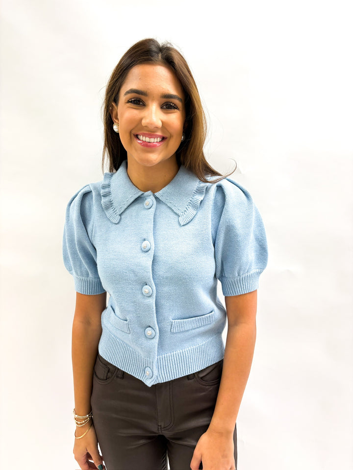 Slate Blue Ruffled Collar Cardigan