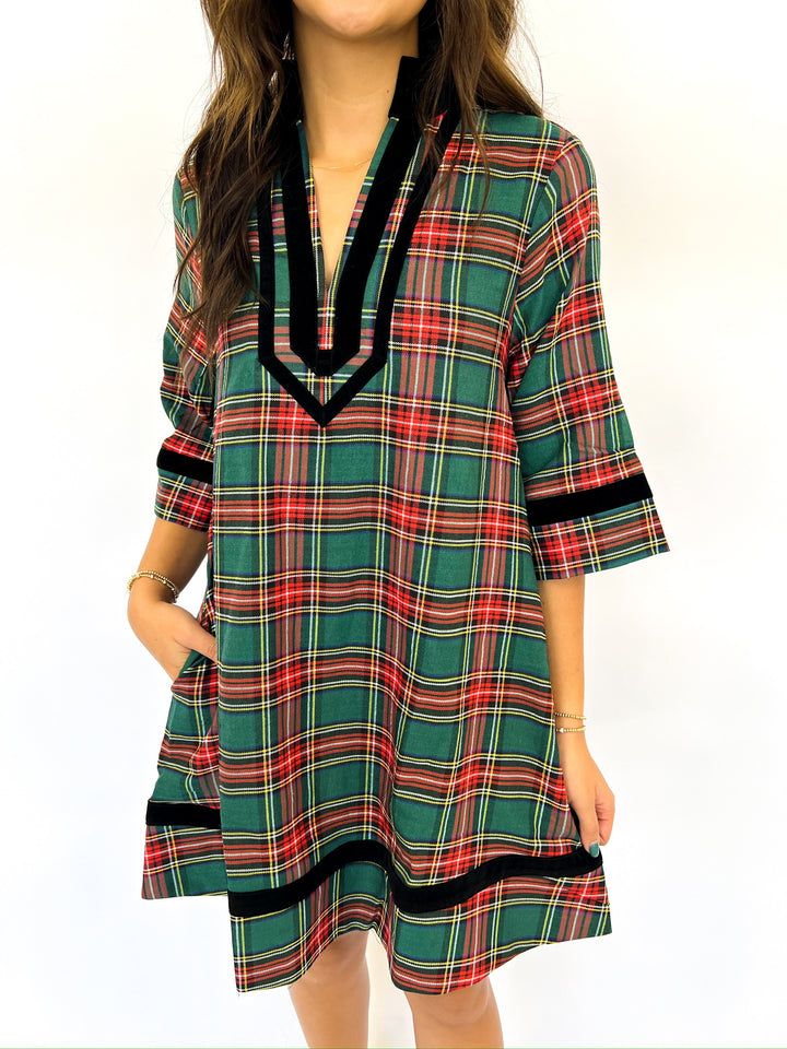 Velvet Trimmed Green Plaid Mini Dress