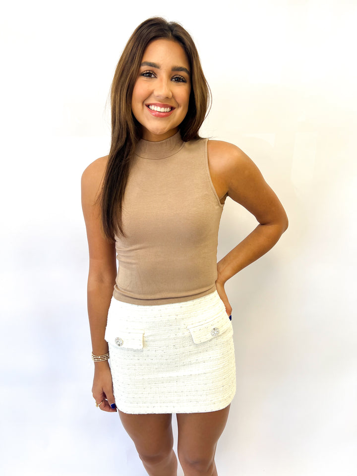 Cream Jeweled Tweed Skirt