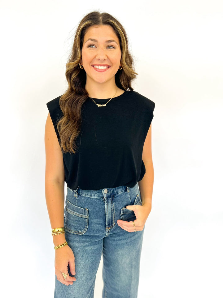Black Knit Shoulder Pad Sleeveless Top