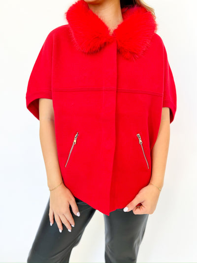 Red Faux Fur Trim Cardigan