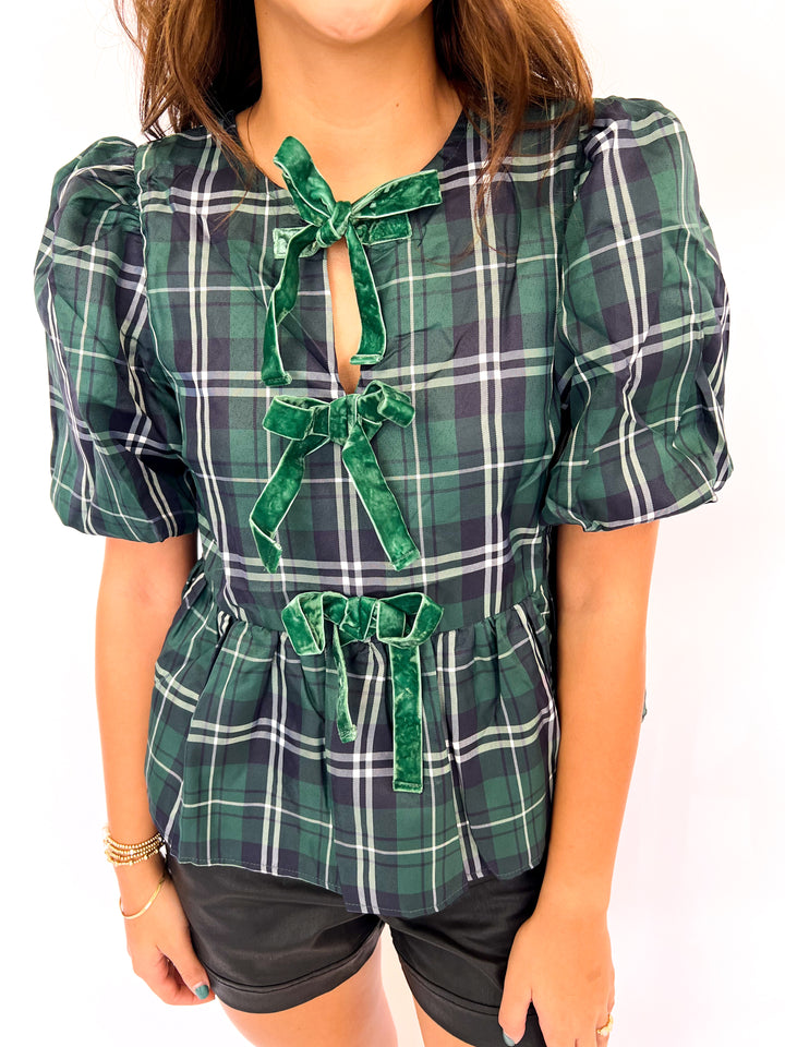 Jordyn Plaid Velvet Tie Top