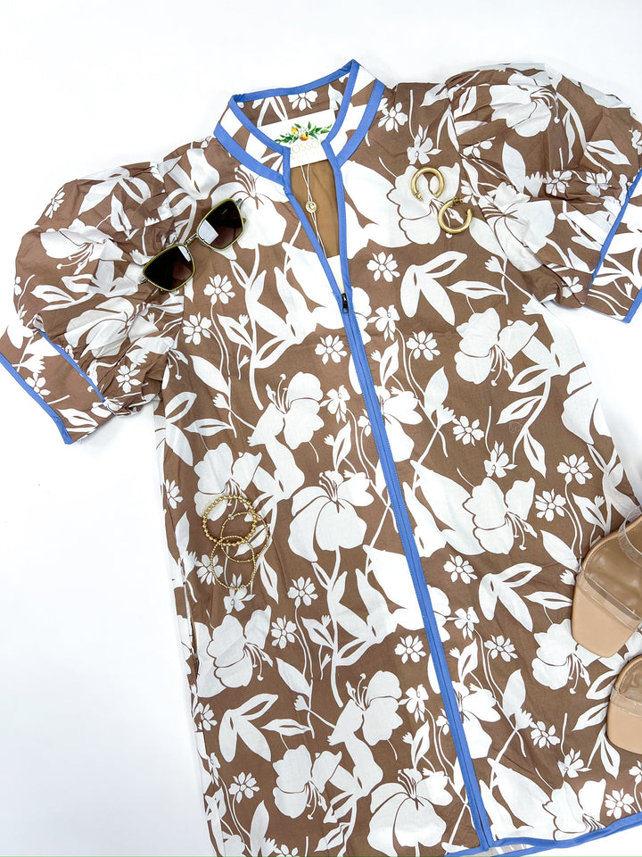Mocha Flower Print Zip Dress