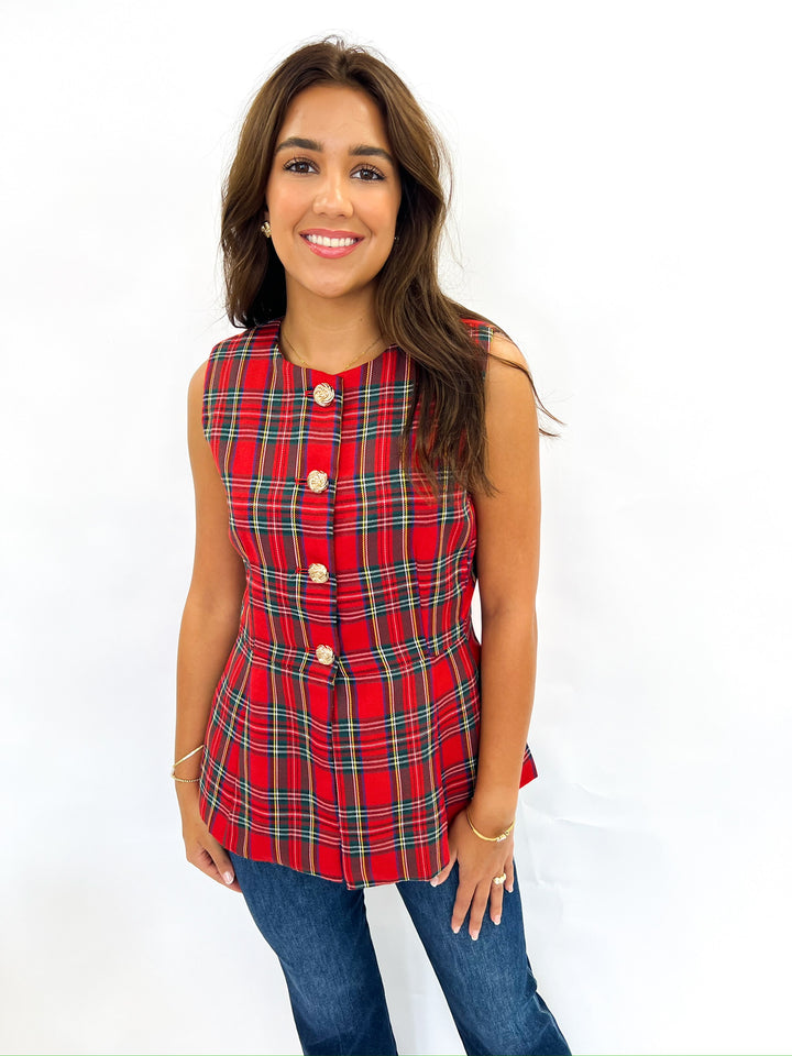 Traditional Plaid Gold Button Vest