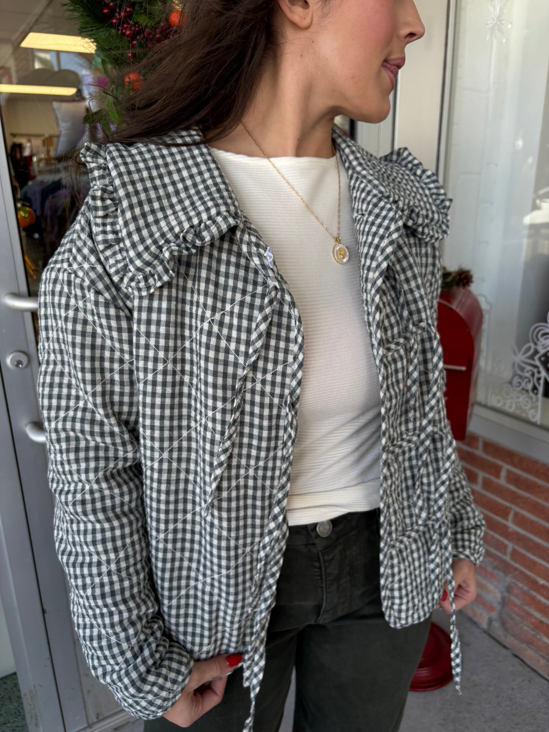 Green Gingham Check Collar Novelty Jacket