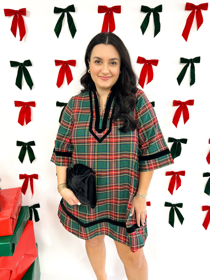 Velvet Trimmed Green Plaid Mini Dress