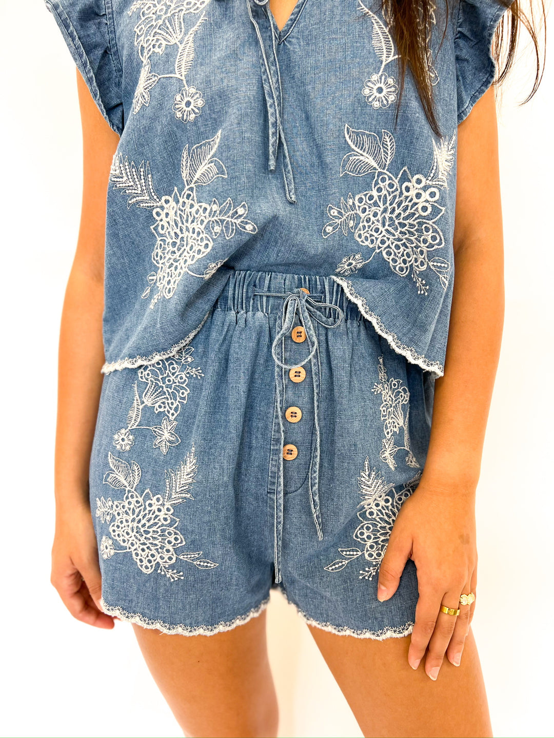 Washed Denim Embroidered Set