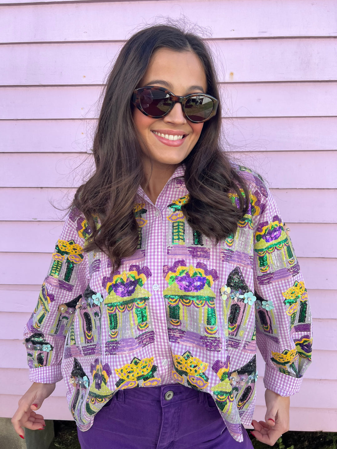 Mardi Gras Porches Button Up Top