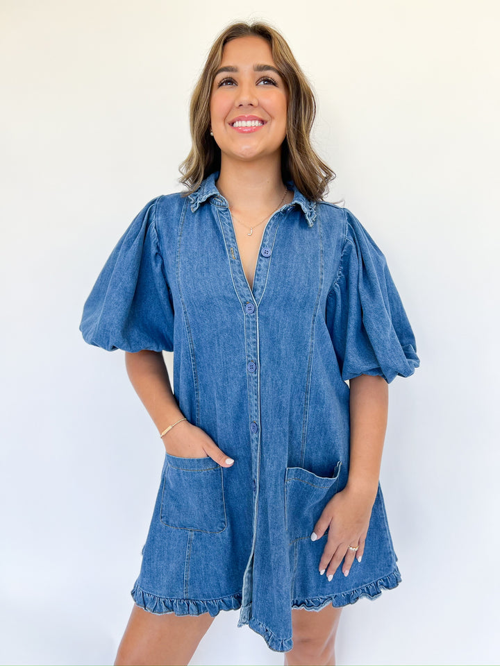 Denim Ruffle Pocket Dress