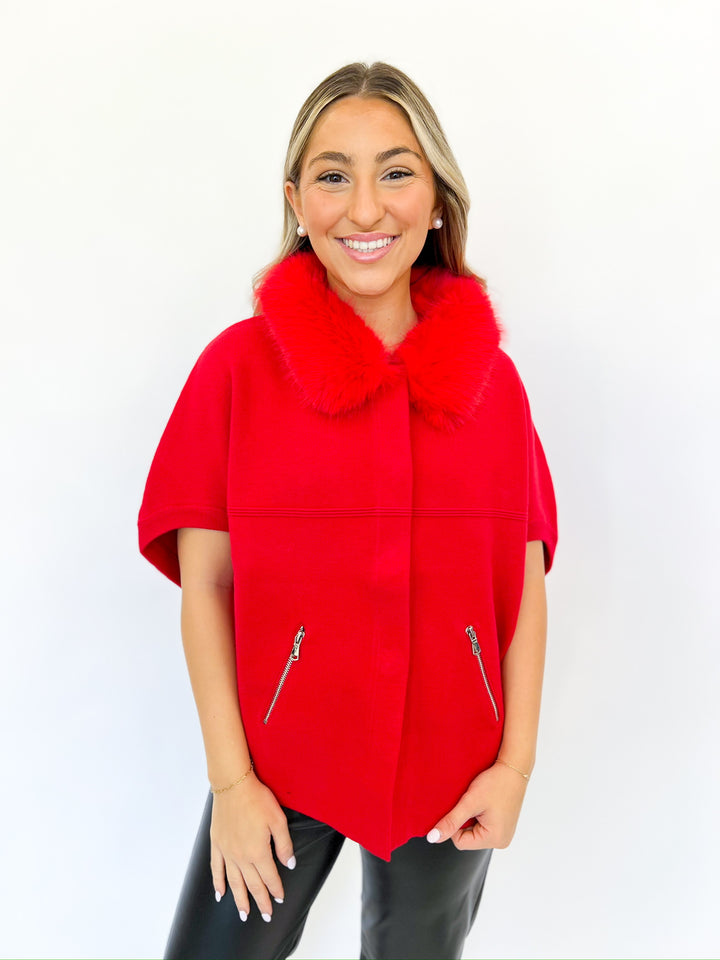 Red Faux Fur Trim Cardigan