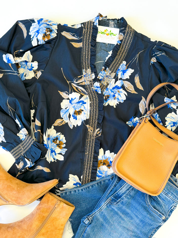 Black and Blue Floral Top