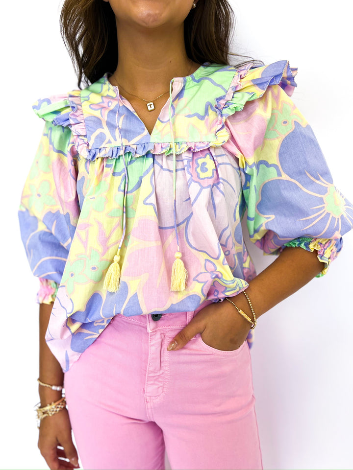 Pastel Floral Poplin Ruffle Top