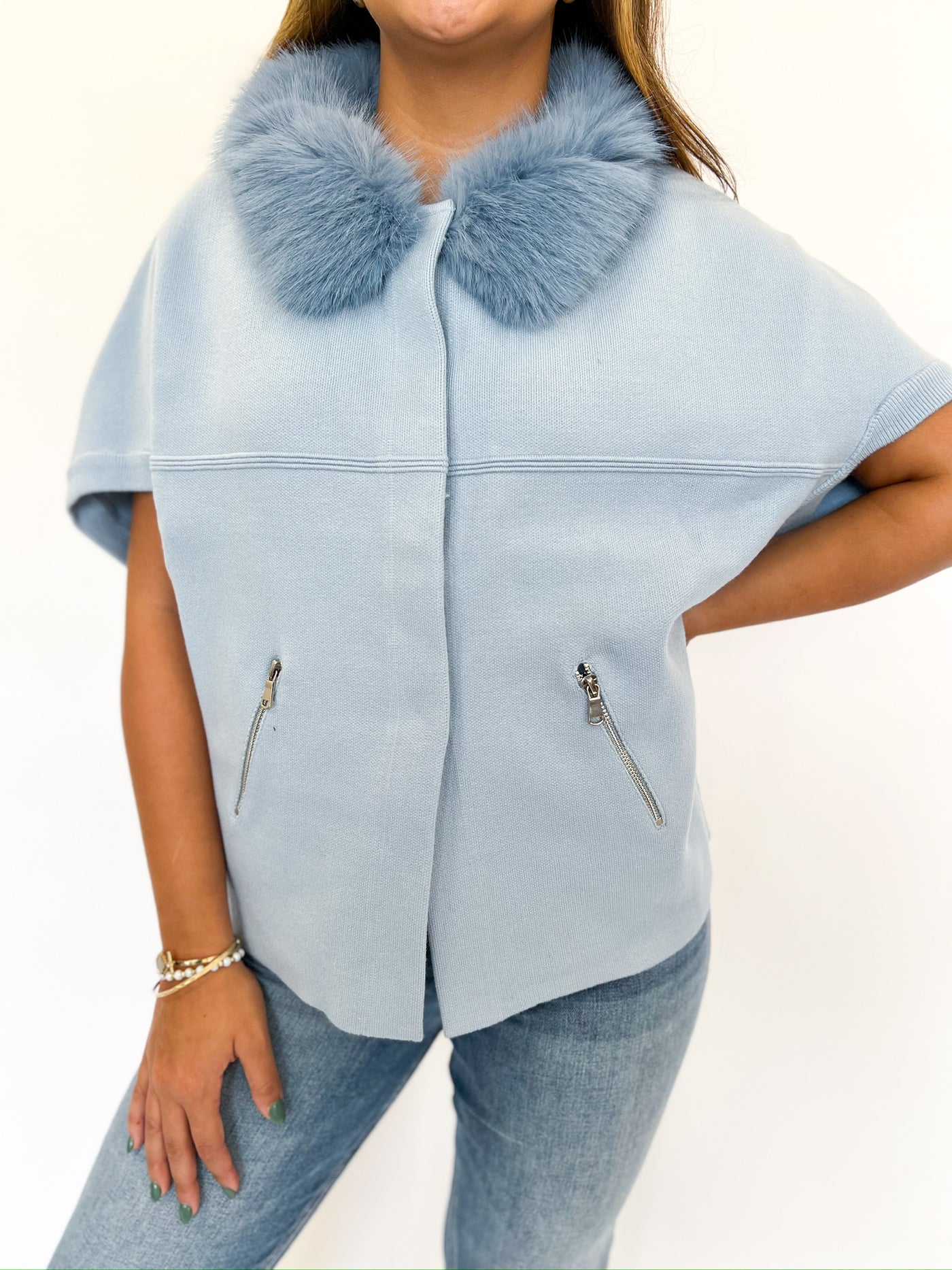 Baby Blue Faux Fur Trim Cardigan