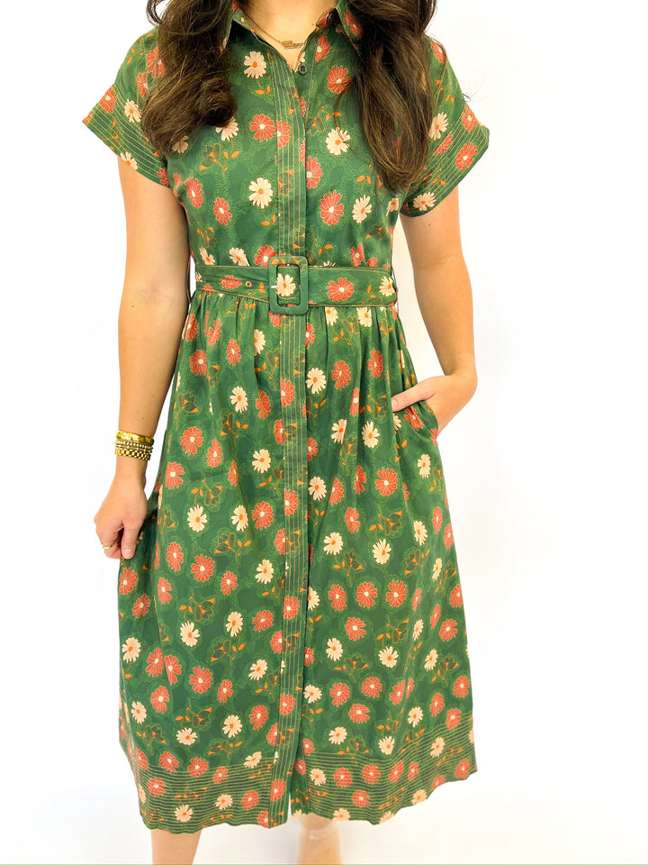 Fall Flower Print Collar Midi Dress