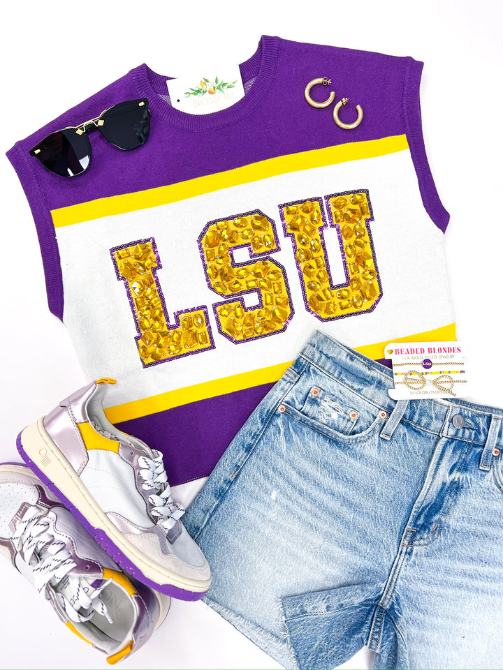 LSU Colorblock Jewel Short Sleeve Sweater