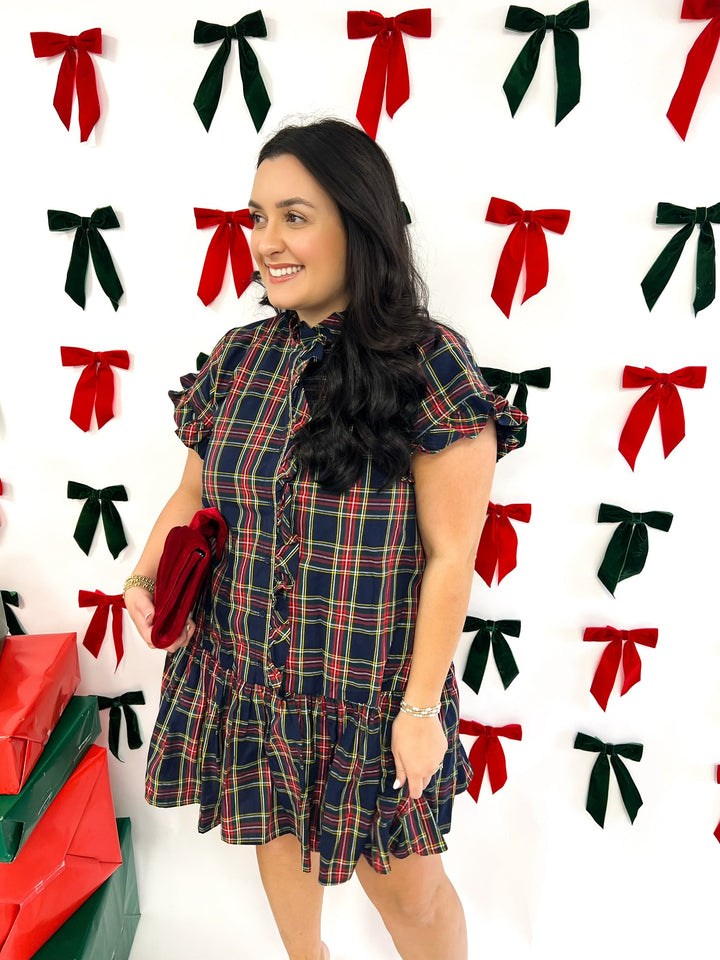 Traditional Navy Plaid Ruffle Dress