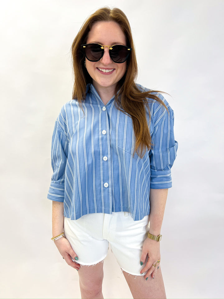Blue Striped Cropped Collared Shirt
