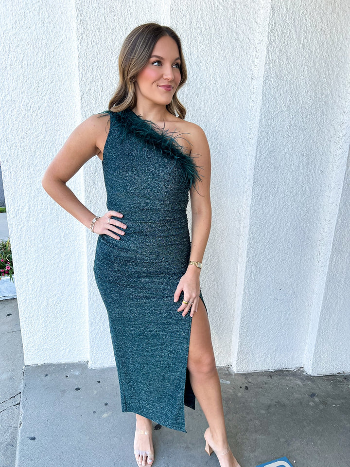 Teal Sandrine Feathered Dress