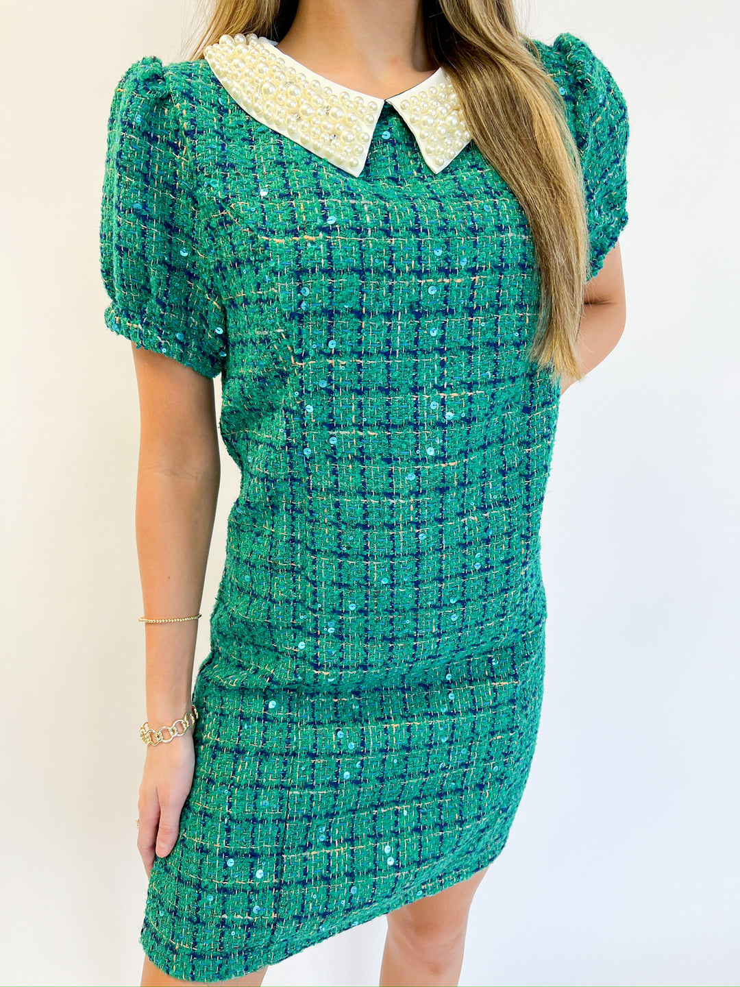 Green Pearl Trimmed Collar Dress