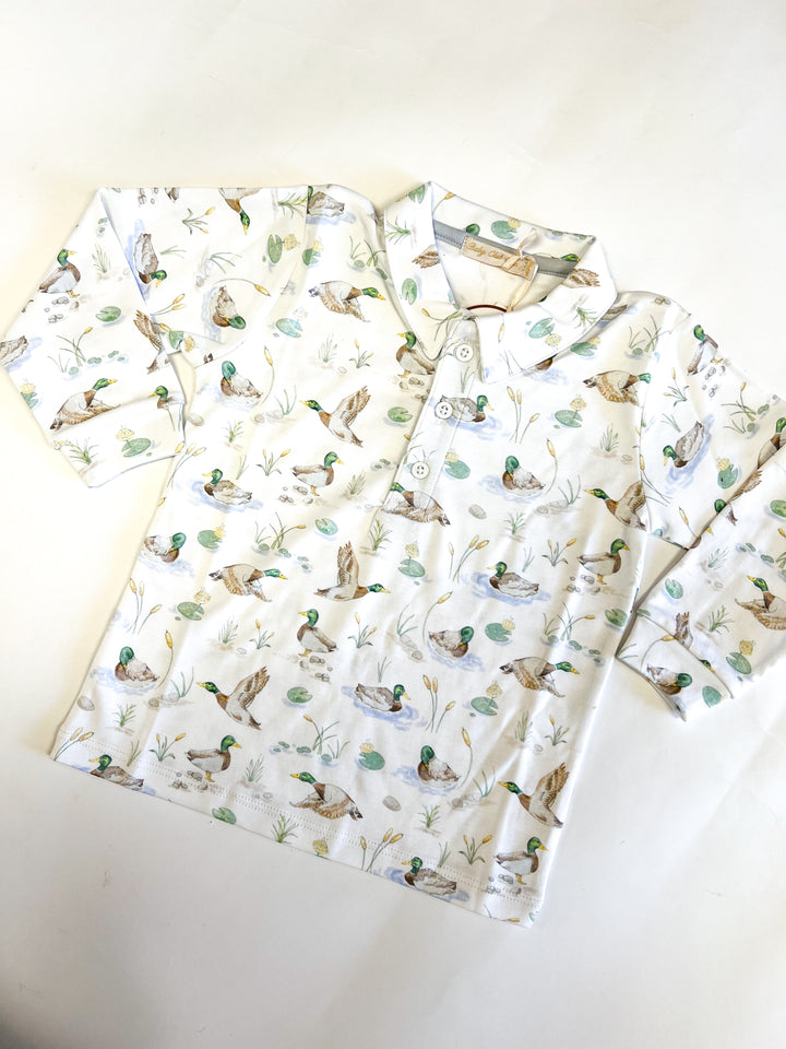 Mallard Ducks Printed Long Sleeve Collared Tee
