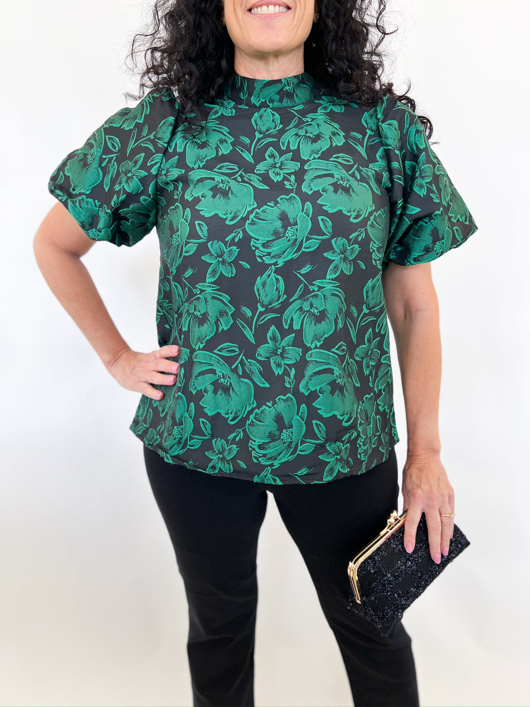 Green Floral Jacquard Top