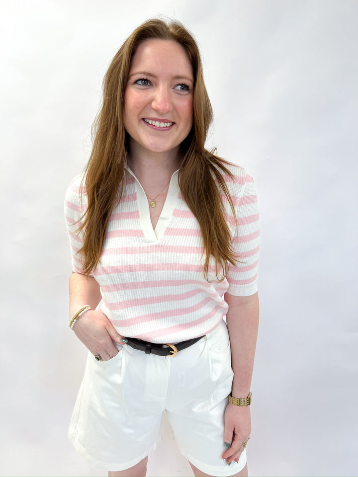 White and Pink Stripe Cropped Polo