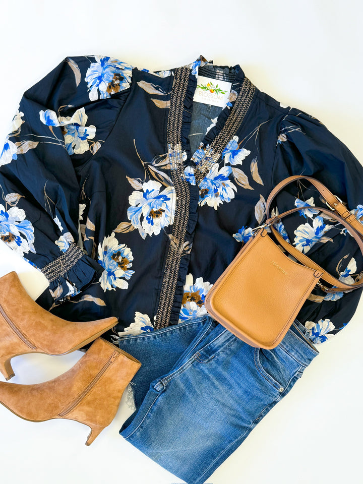 Black and Blue Floral Top