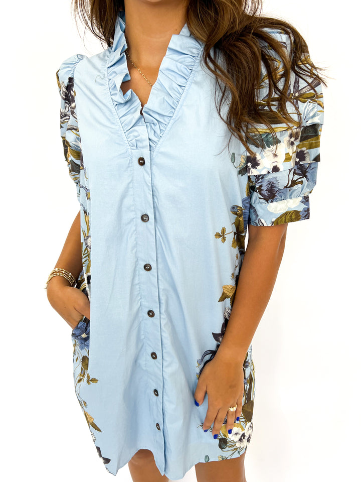 Chambray Floral Sleeved Dress