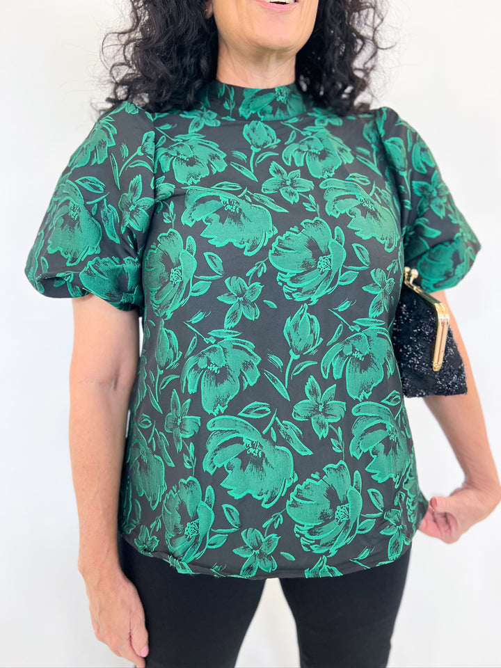 Green Floral Jacquard Top