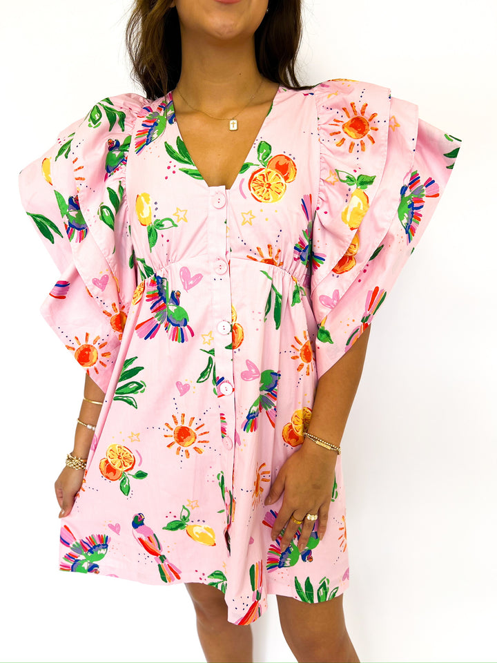 Toucan Fruit VNeck Ruffle Dress
