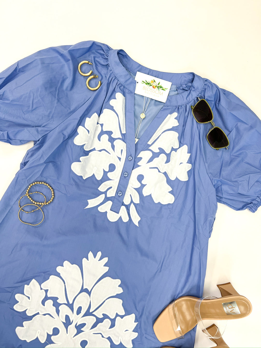 Blue Button Print Dress