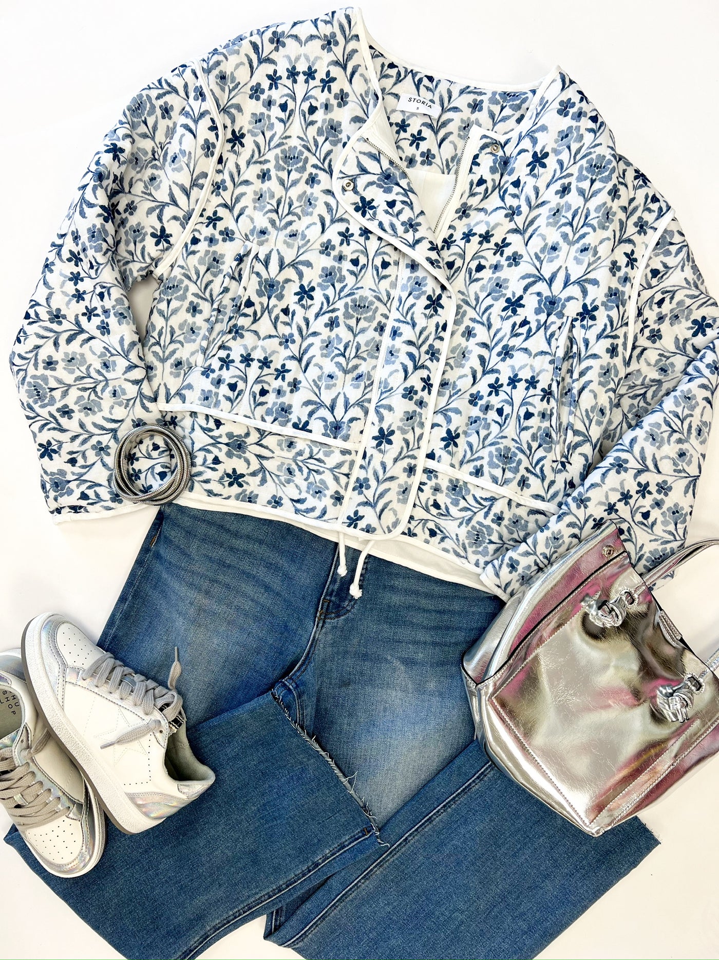 White & Blue Floral Quilted Jacket