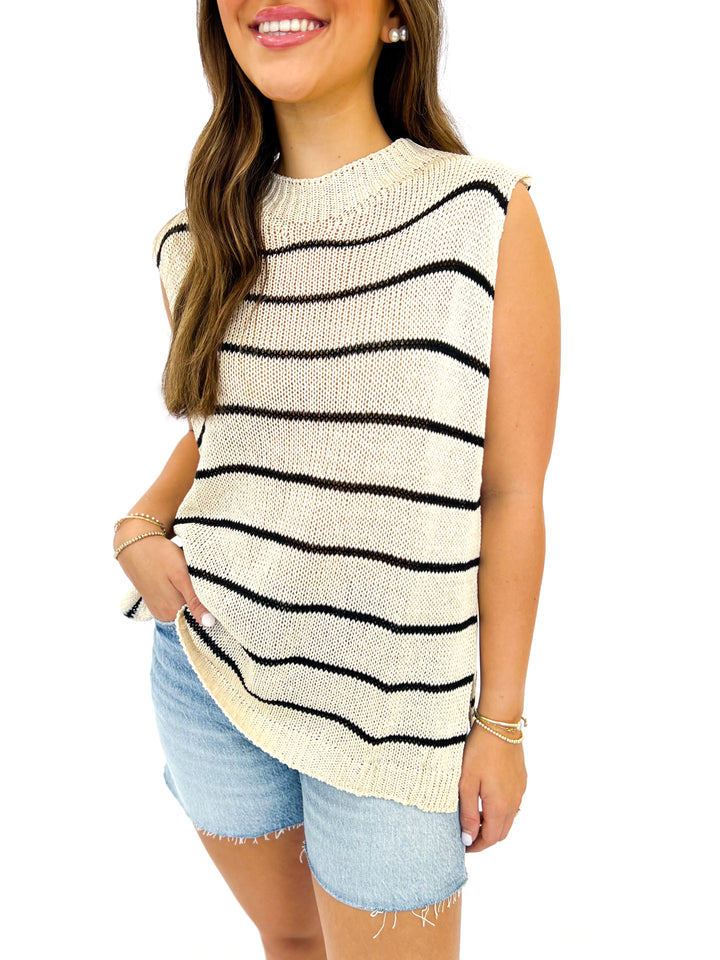 Beige Striped Sleeveless Knit Top