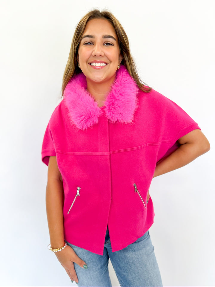 Hot Pink Faux Fur Trim Cardigan