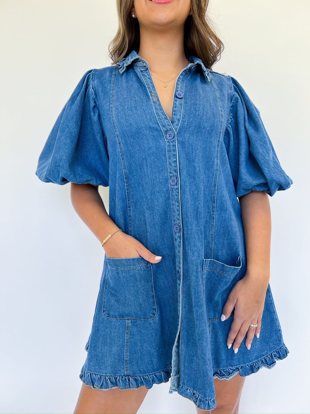 Denim Ruffle Pocket Dress