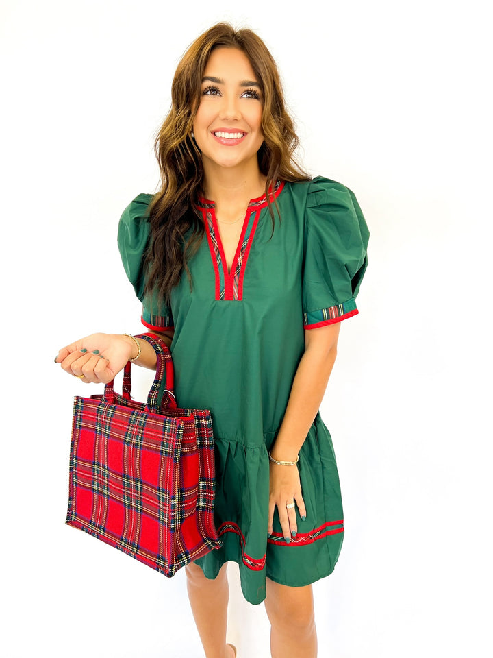 Plaid Trimmed Green Holly Dress