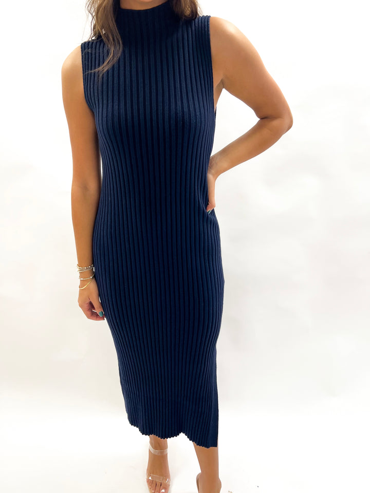Navy Blue Ribbed Midi Dress