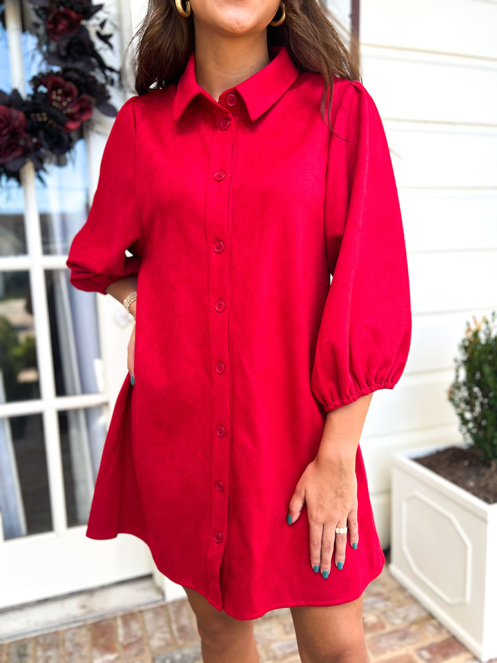 Deep Red Faux Suede Statement Dress