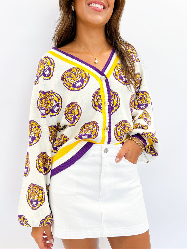 LSU Knit Mascot Rhinestone Cardigan