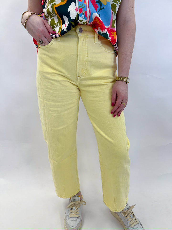 Soft Buttercup Eli High Rise Arched Leg Denim