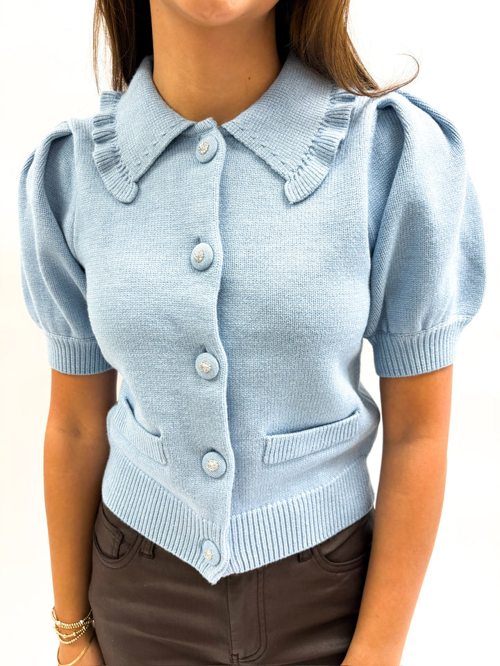 Slate Blue Ruffled Collar Cardigan